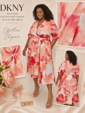 DKNY Plus Size Puff Sleeve Cotton Midi Dress 16W Watermelon Multi NWT